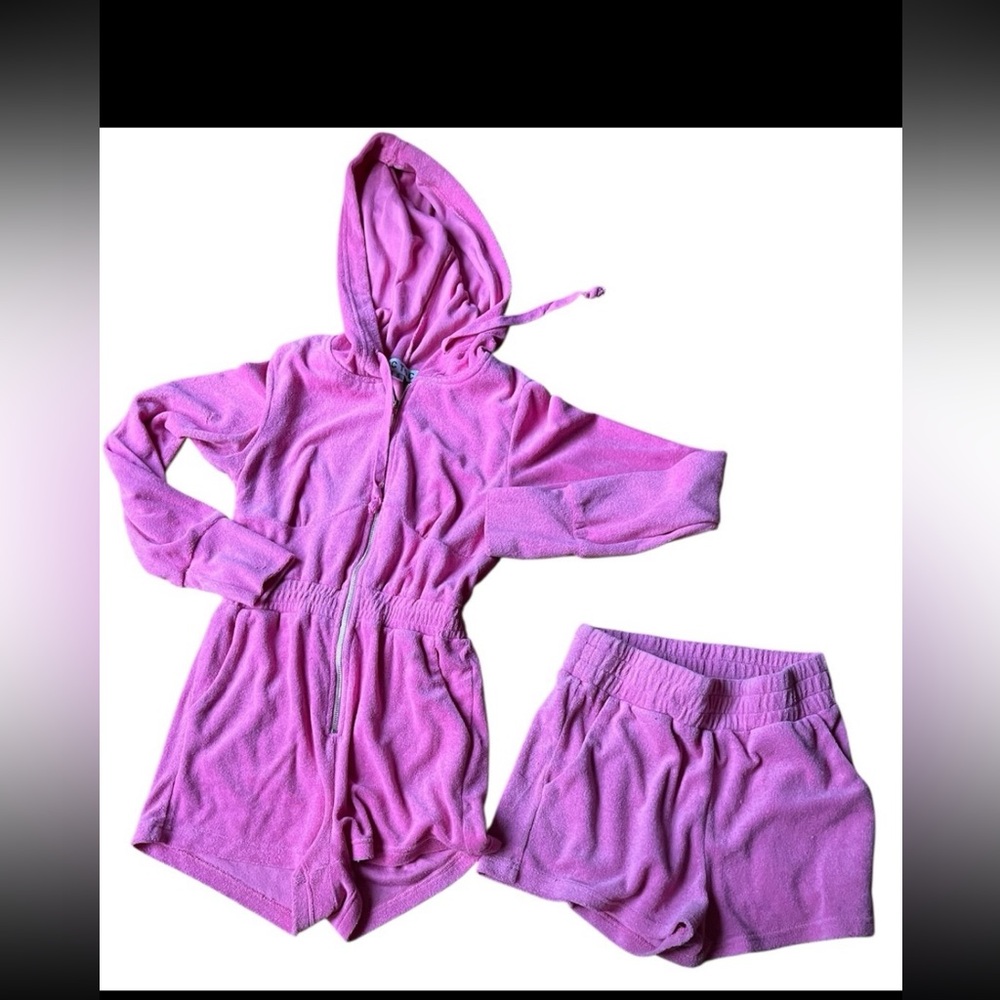 Tic toc small pink terry Hooded Romper and a pair of shorts